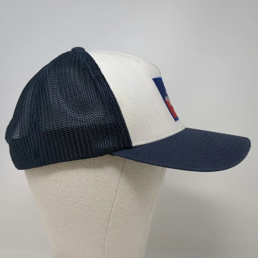 The North Face Trucker Hat Blue One Size White Red Mesh Back Snapback Logo Patch